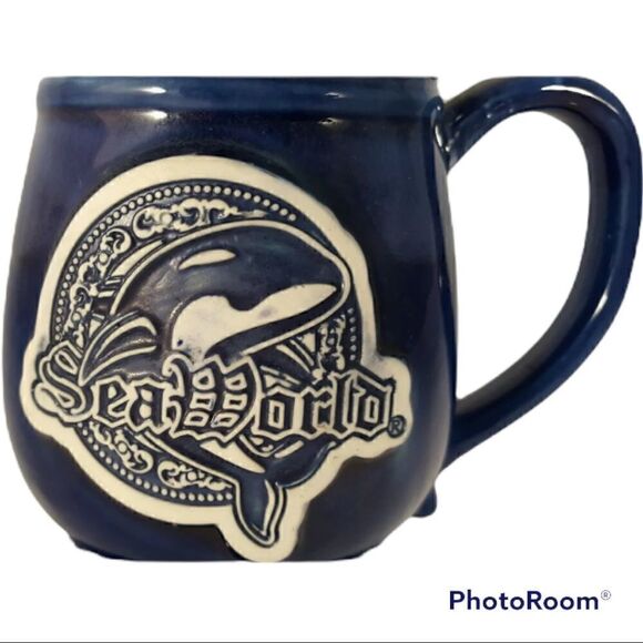 Sea World Shamu Tall Mug Stein Cobalt Blue Ceramic Sea World Emblem - Picture 3 of 6